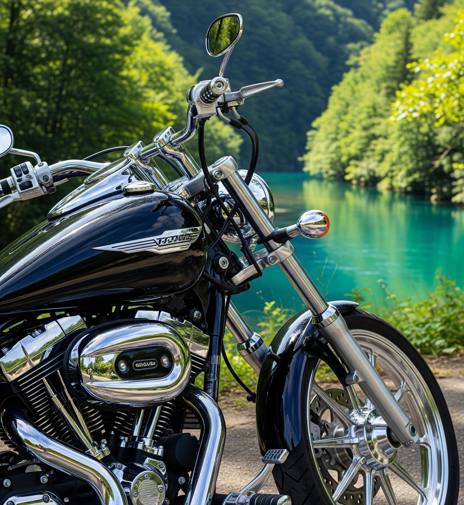 Black and Chrome motorcycle parked by lake in Montana