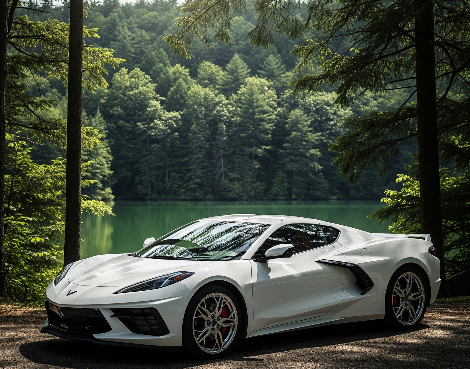 A white corvette c8 stingray with Montana license plate parked by flathead lake in Montana