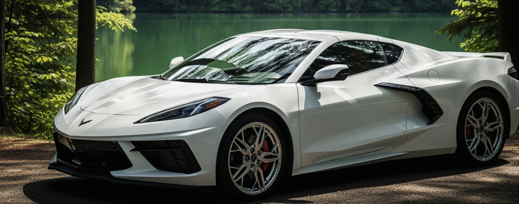 White Corvette C8 Stingray parked by a beautiful lake