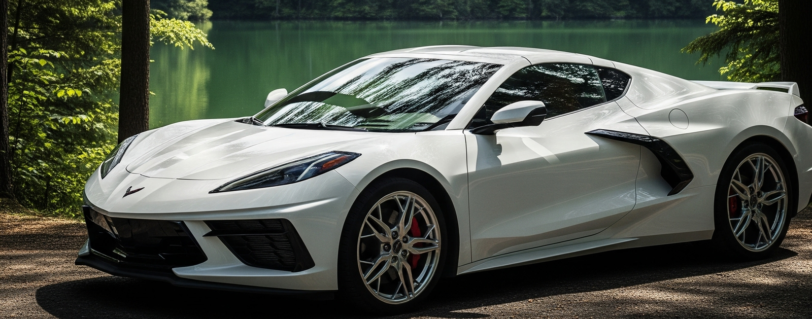 White Corvette C8 Stingray parked by a beautiful lake