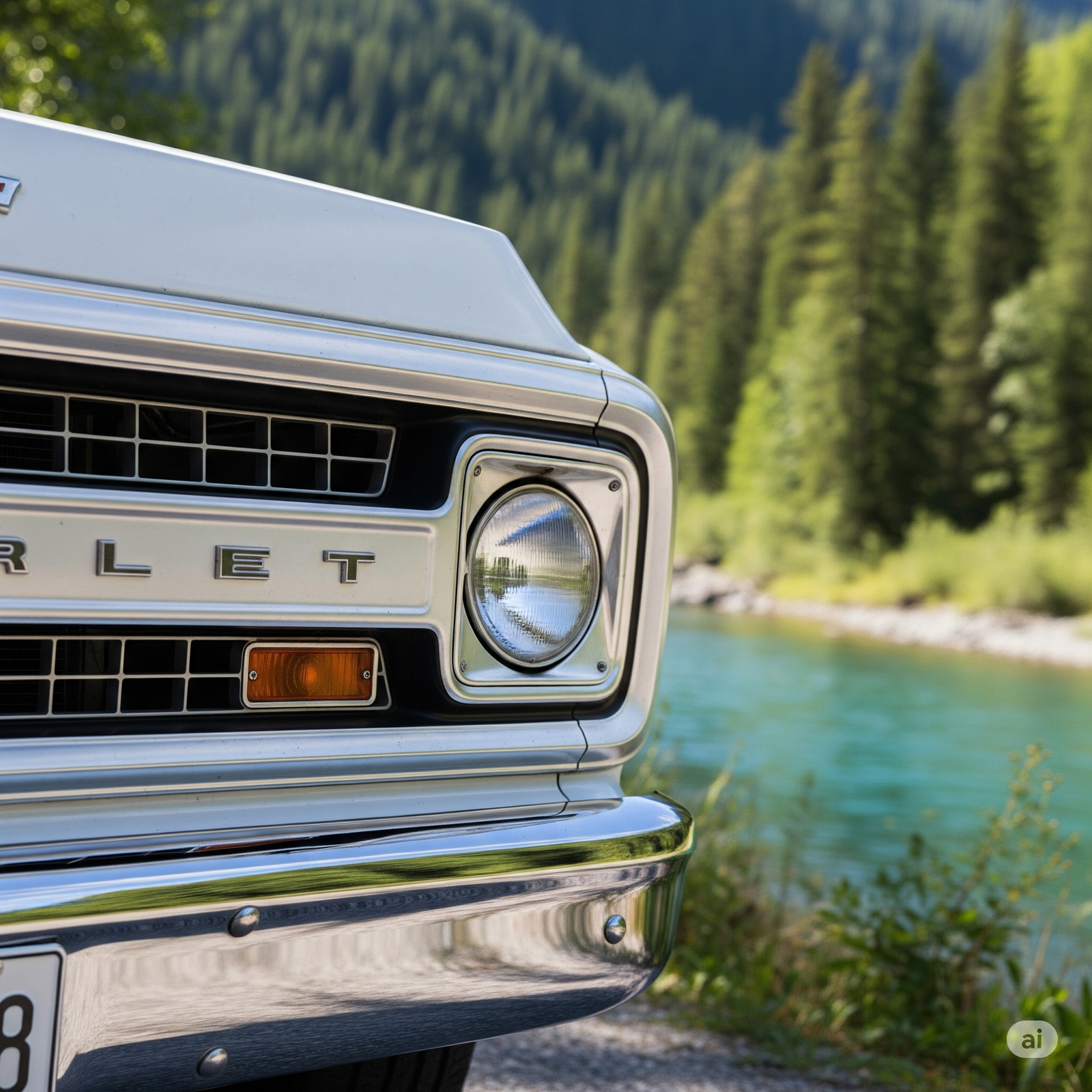 A close up of a chevy C10 pickup truck on Flathead lake in Montana.