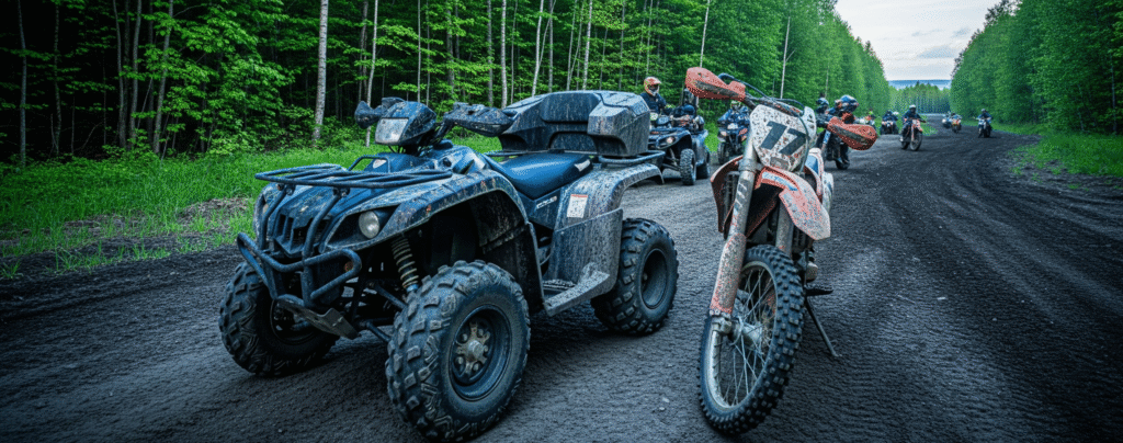 A dirtbike and ATV on a trail in Montana ready to get registered for street use