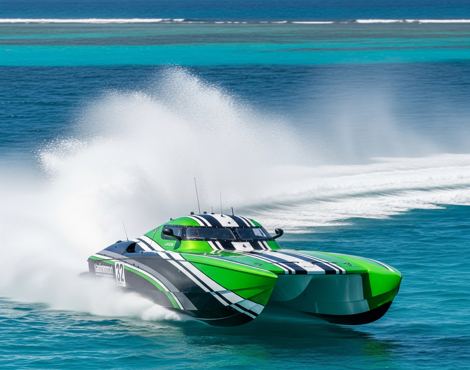 Green White and Black Supercat Speedboat racing offshore registered in Montana