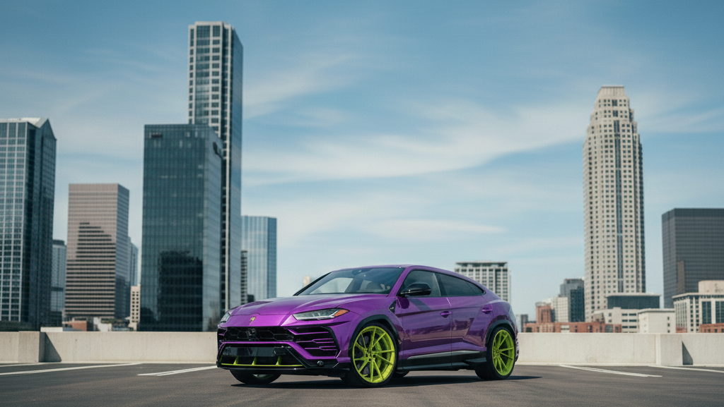 Purple and Green Lamborghini Urus in Phoenix Arizona that decided to use an LLC for Montana Vehicle Registration